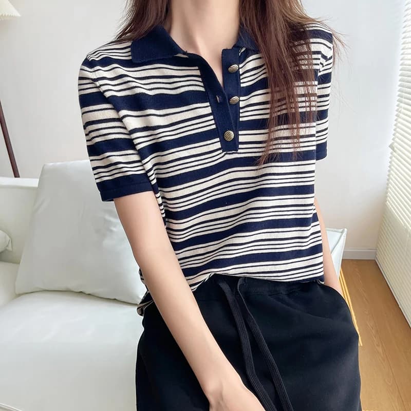 Pull rayé à manches courtes pour femme, t-shirt 100% coton, col rabattu, chemisier pour femme, t-shirts pull, boutons