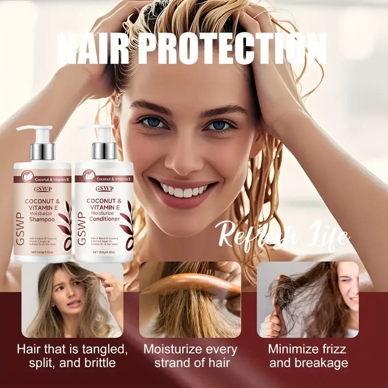 GSWP Ensemble shampoing et après-shampooing à la vitamine E à l'huile de coco nourrit en profondeur les cheveux