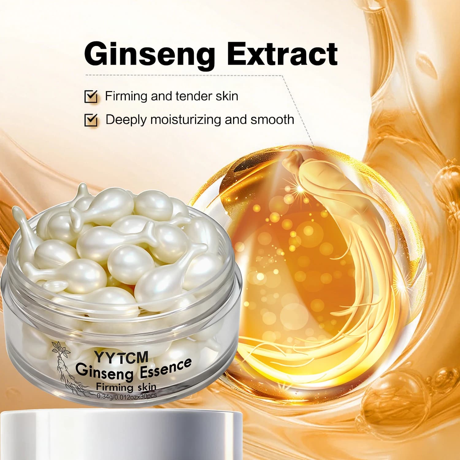 Capsules d'essence de ginseng, essence hydratante et raffermissante, contient du squalane, de la niacinamide, de la vitamine E, du rétinol, hydratation intense (0,34 g x 30 capsules)/flacon - 1 flacon