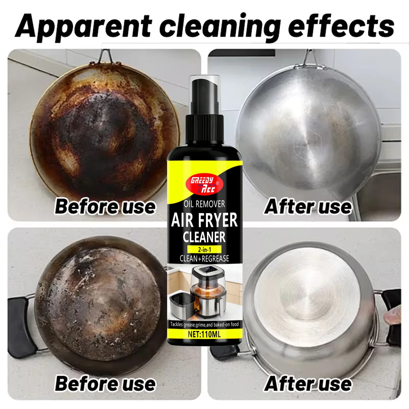 Nettoyant pour friteuse à air, spray puissant anti-taches d'huile pour les restes de nourriture et la graisse incrustées, 110 ml avec chiffon de nettoyage, accessoires de nettoyage de cuisine