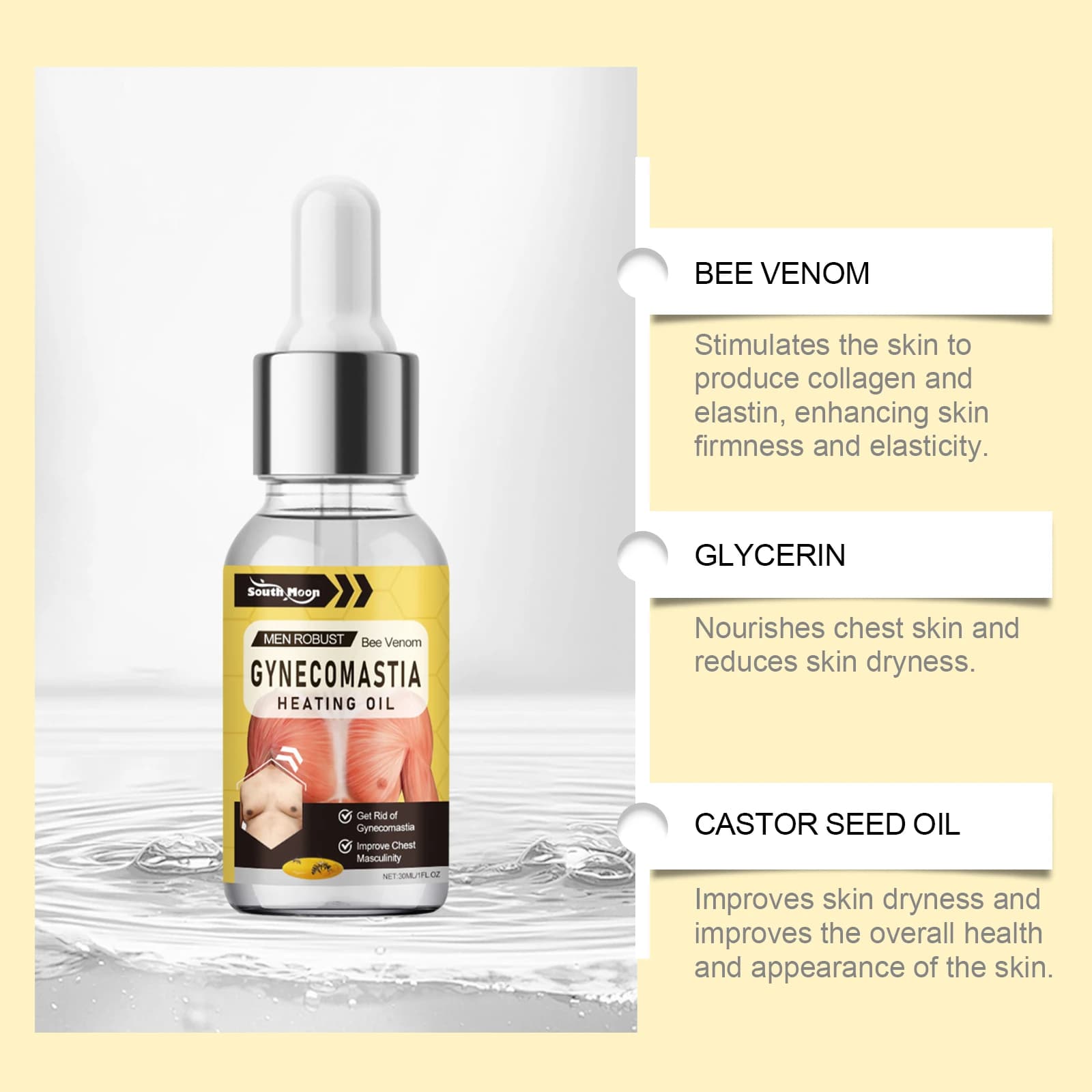 Huile Essentielle pour le Soin des Muscles Thoraciques des Hommes - Huile de Soin pour Raffermir et Tonifier la Poitrine, Nourrissante pour l'Élasticité de la Peau