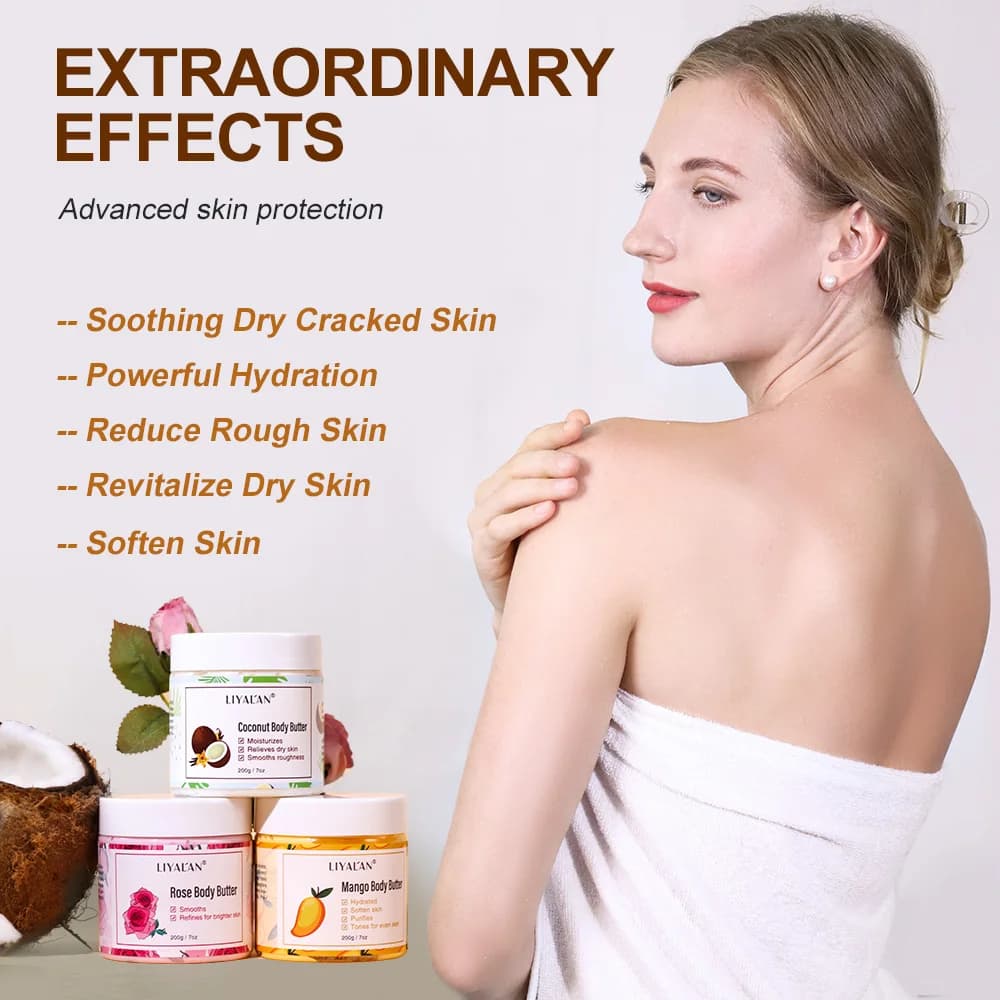 Beurre de karité apaisant la peau sèche nourrir hydratant lisse rugueux crème d'hydratation profonde noix de coco Rose mangue soin de la peau Lotion pour le corps