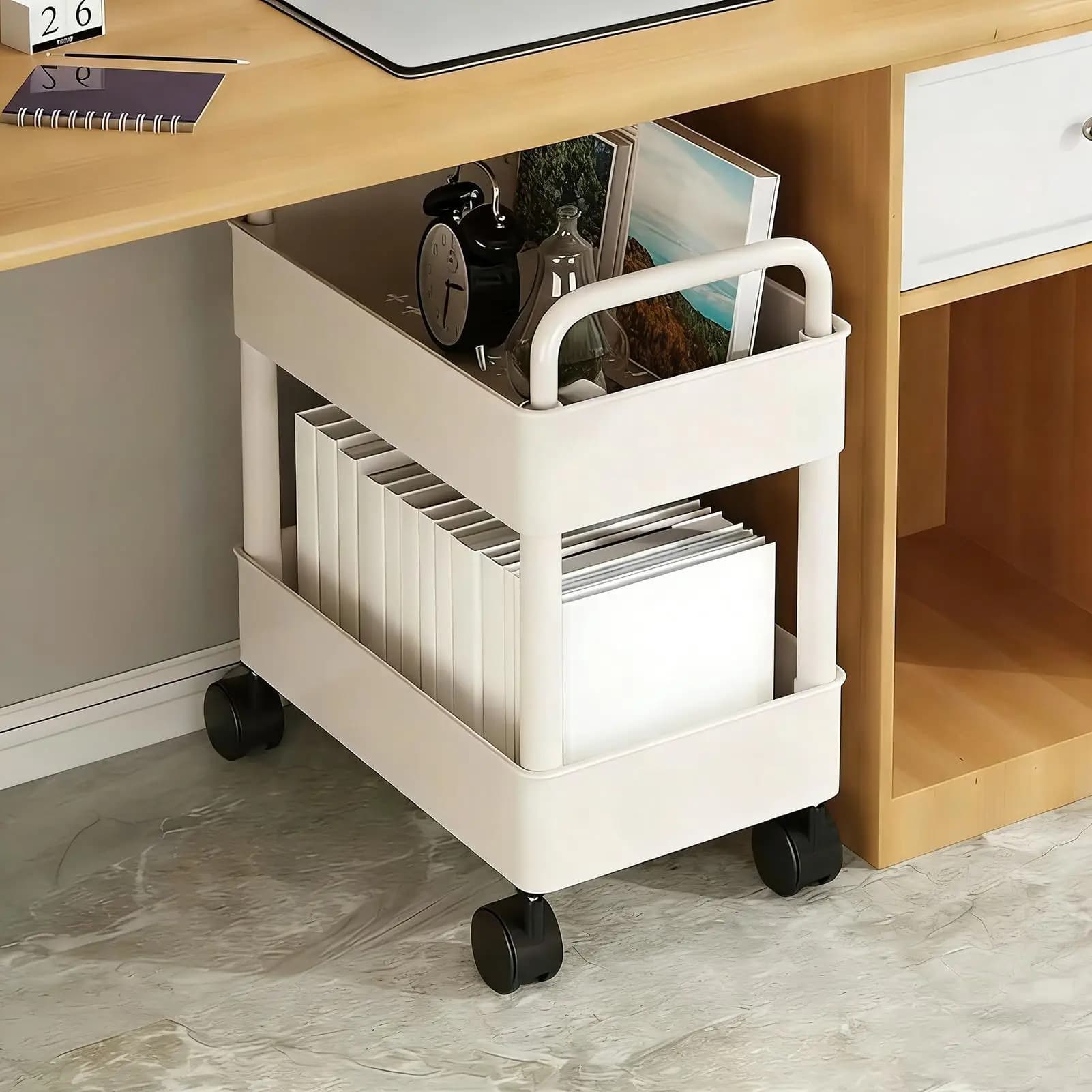 Chariot de rangement roulant à 2 niveaux, meuble mobile avec roulettes, chariot d'artisanat pour la maison, la cuisine, la salle de bain, le garde-manger, la buanderie, le garage