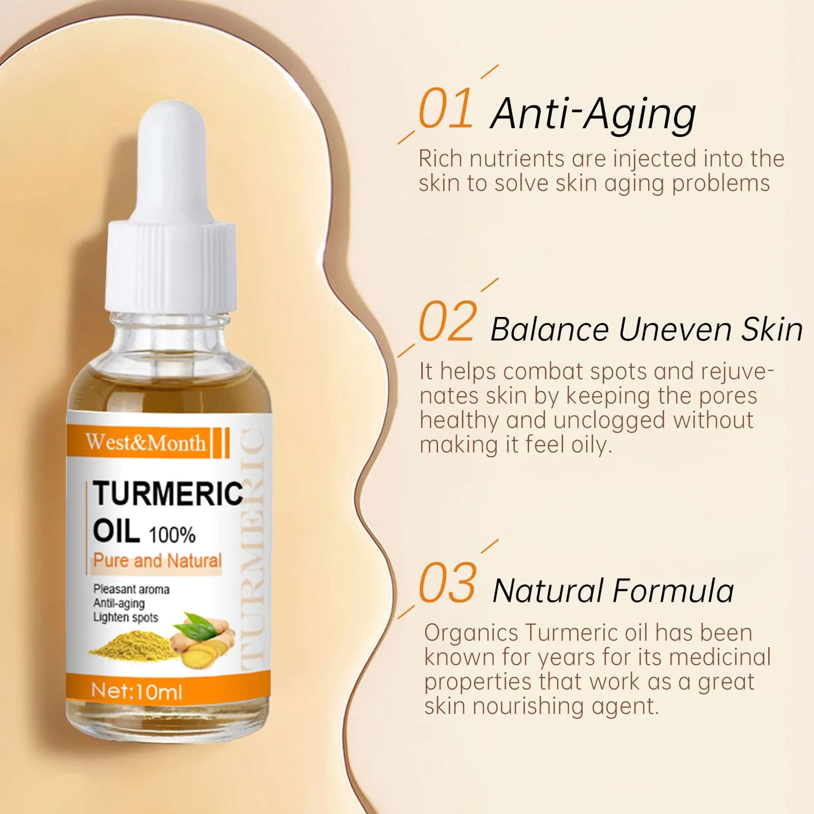 Huile d'essence de curcuma, raffermissante, estompe les ridules, éclaircit le teint de la peau, élimine la mélanine, huile de sérum pour le visage hydratant en profondeur