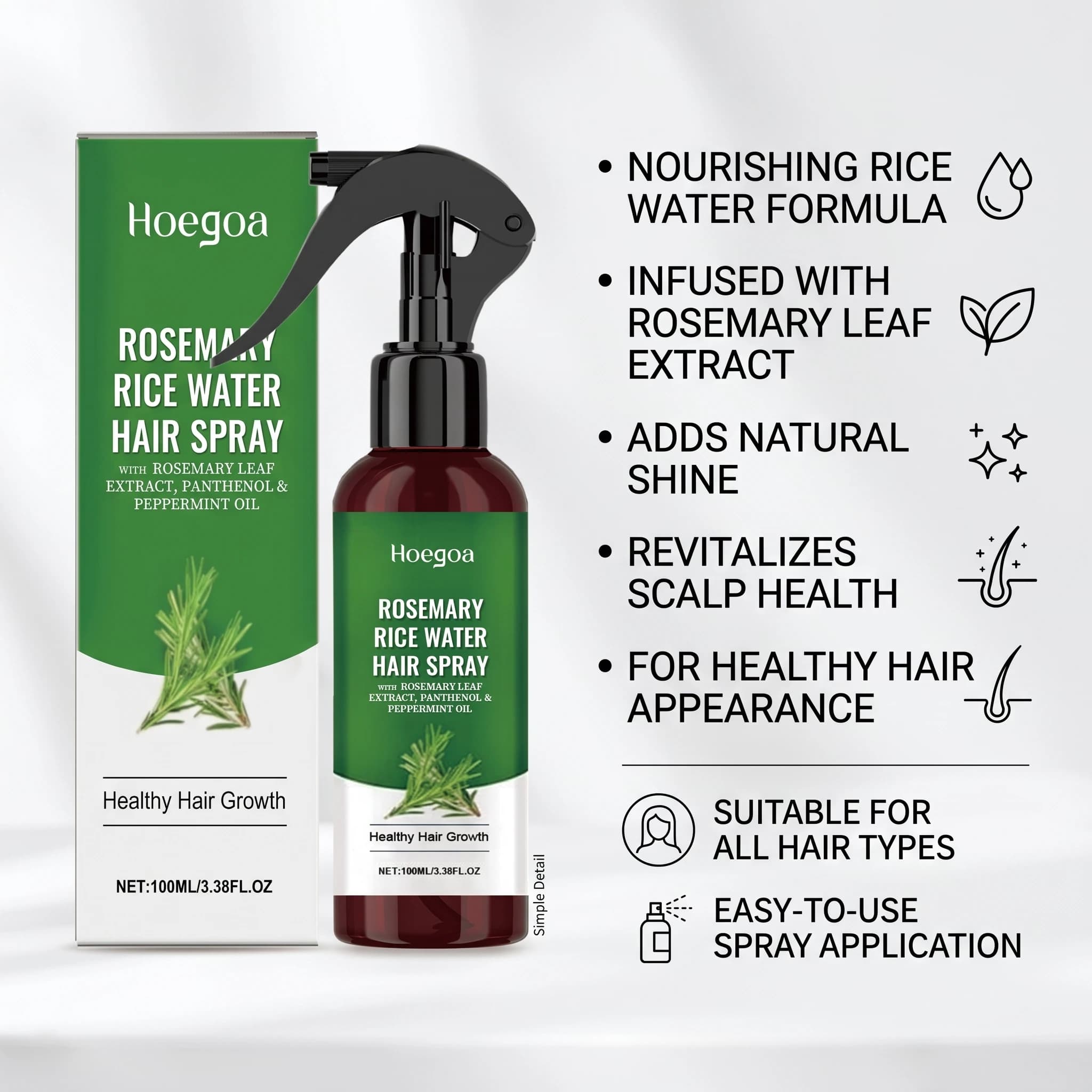Spray capillaire à l'eau de riz et au romarin pour cheveux secs et crépus