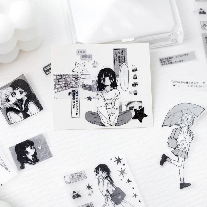 2 m/rouleau Kawaii japonais noir et blanc manga style PET ruban découpé bricolage décoration scrapbook journal album papeterie autocollant
