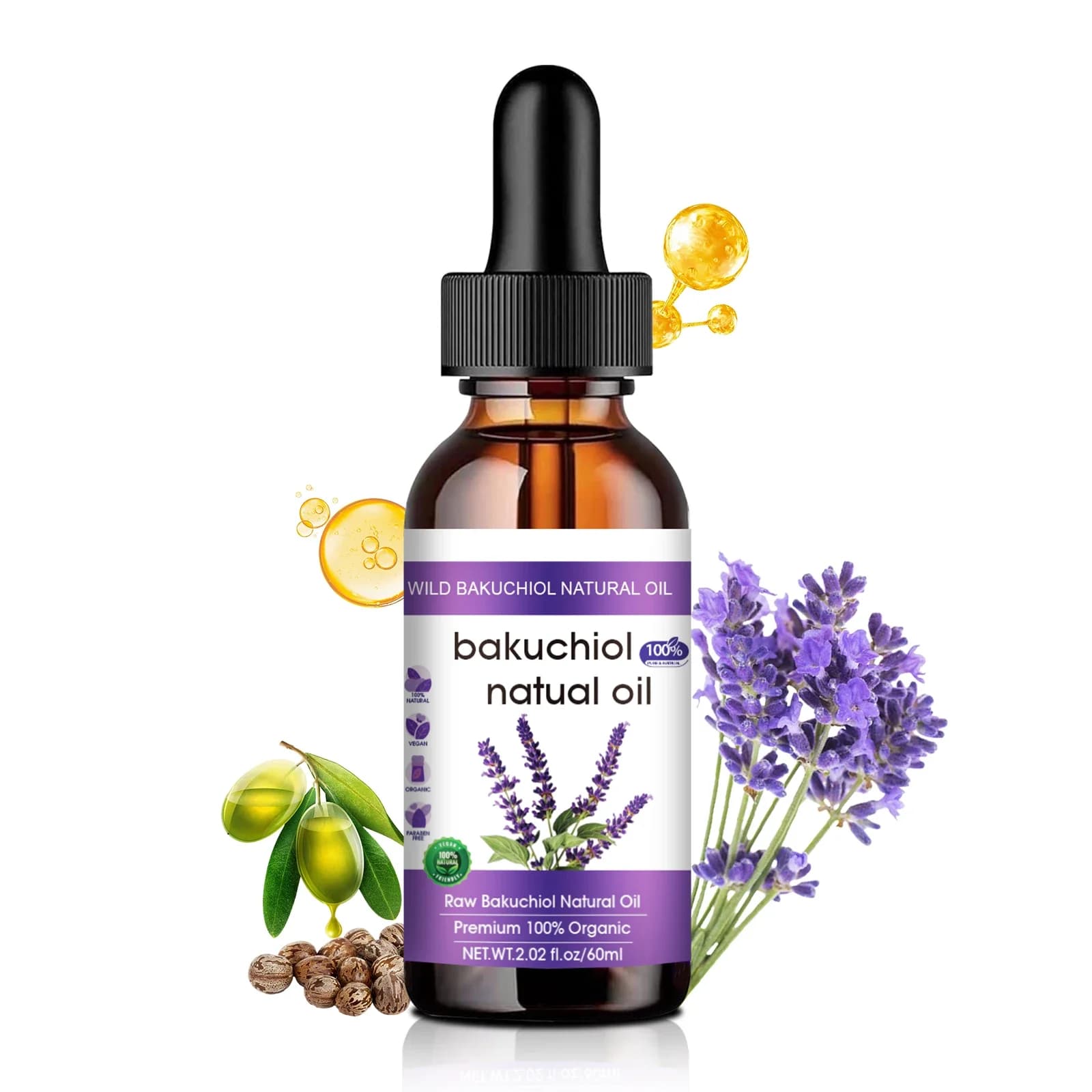 Huile pour le visage anti-âge au bakuchiol 60 ml - Alternative naturelle au rétinol avec de la lavande, favorise une peau éclatante et d'apparence jeune.