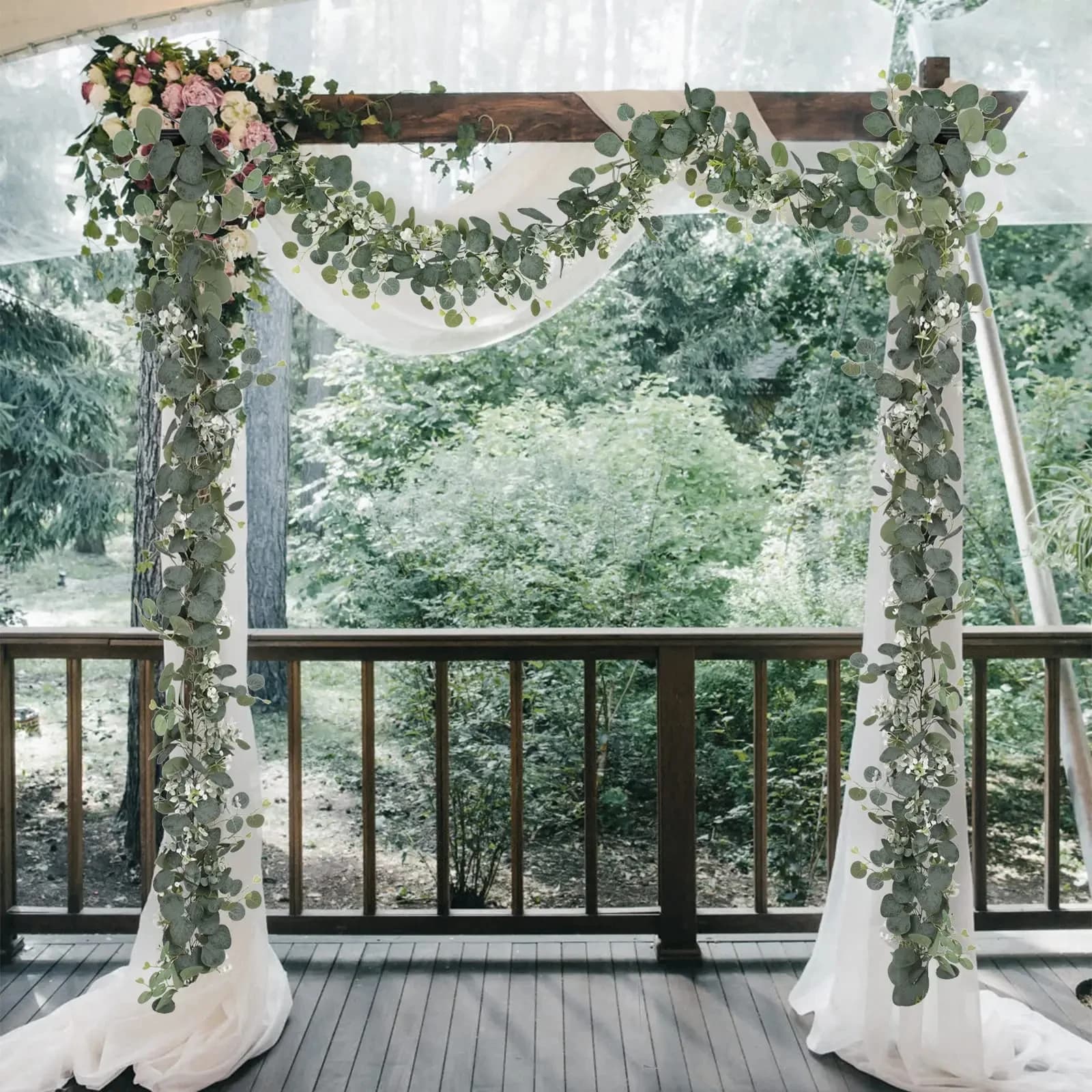 Guirlande de feuilles d'eucalyptus artificielles, 1 pièce, fausse plante verte, vignes de printemps avec fleurs blanches, baies pour décoration de fête de mariage à domicile
