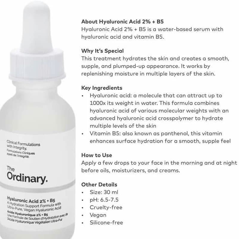 The Ordinary Hyaluronic Acid 2% + B5 A Formule hydratante avec sérum à l'acide hyaluronique ultra-pur et végétalien pour la peau 30ML