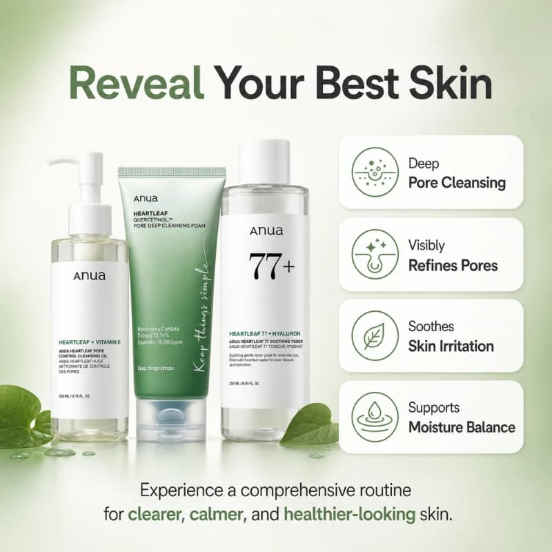 Ensemble de produits coréens : Mousse nettoyante en profondeur Heartleaf, Tonique apaisant anti-acné 77 et Huile démaquillante hydratante et régulatrice de sébum pour le visage