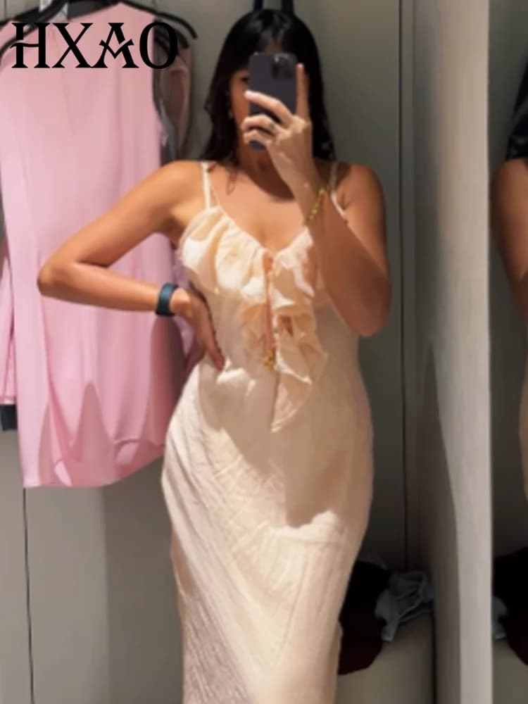 HXAO 2025 femmes robe à volants été élégant bal Resort robes de soirée dames mode Midi sans manches dos nu robes