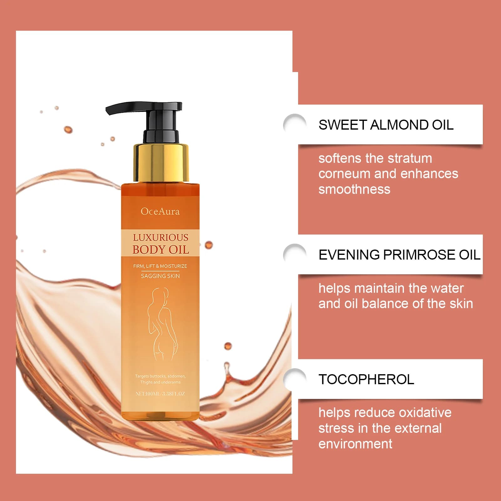 Huile corporelle Lifting et raffermissante, raffermit la peau affaissée, hydratant en profondeur, peau sèche, réparatrice, adoucit, magique, huile nourrissante de luxe, 100ml