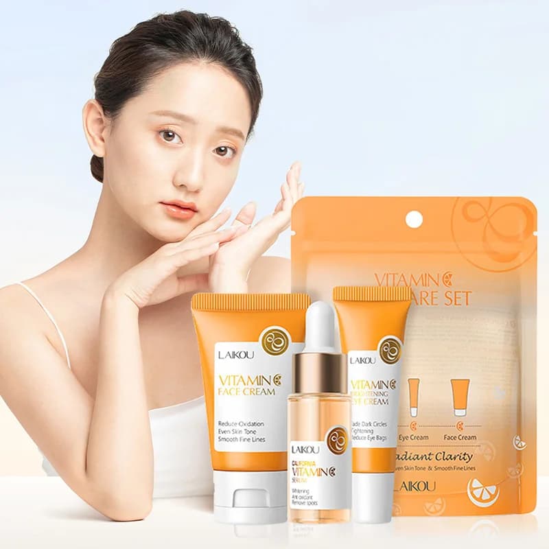 Coffrets de soins de la peau à la vitamine C LAIKOU, 3 pièces, crème pour le visage, sérum, crème pour les yeux, hydratant, anti-rides, kit de soins du visage