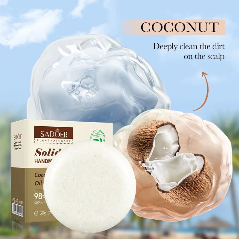 SADOER Savon Solide Capillaire à la Noix de Coco Shampoing Anti-Croûtes Contrôle du Sébum Nettoyage Profond Cheveux Secs et Abîmés Lissage et Réparation Capillaire