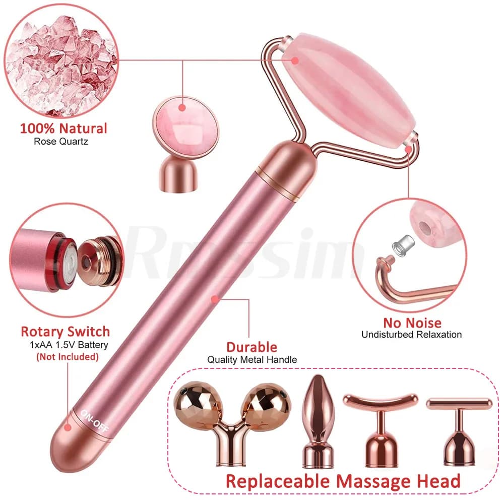 Nouveau masseur électrique vibrant à rouleau de Jade pour minceur Lifting du visage Quartz Rose 3D