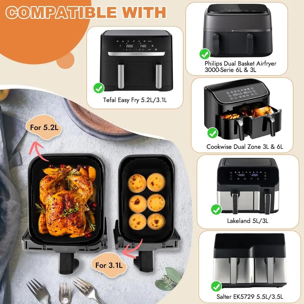 Ensemble de moules de friteuse à Air en Silicone, pour Tefal 5,2/3,1 l, double panier rectangulaire, antiadhésif, doublures de cuisson pour four, accessoires de cuisine