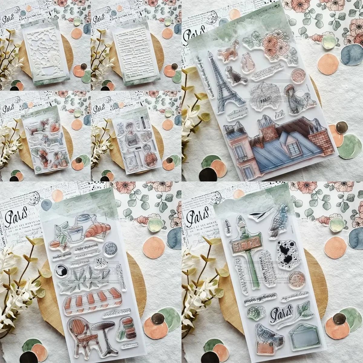 Tampon en silicone transparent sur le thème de Paris, France : Tour Eiffel, Café sur le toit de Paris, Croissant, Cadre, Ville européenne pour scrapbooking et création de cartes