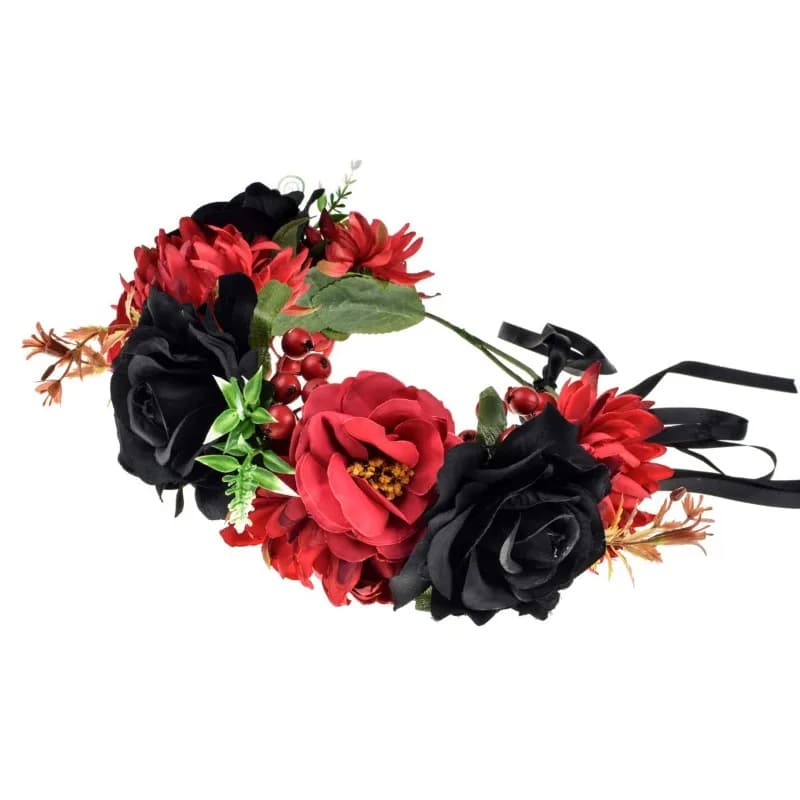 Bandeau à fleurs du jour des morts, couronne de fleurs de roses (rouge noir)