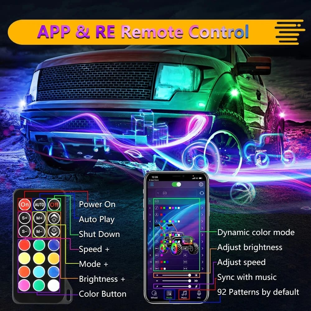 4 dosettes plein Angle RGB LED Rock lumière APP contrôle musique néon voiture sous-éclairage châssis lumière pour camion tout-terrain SUV Rock lumières