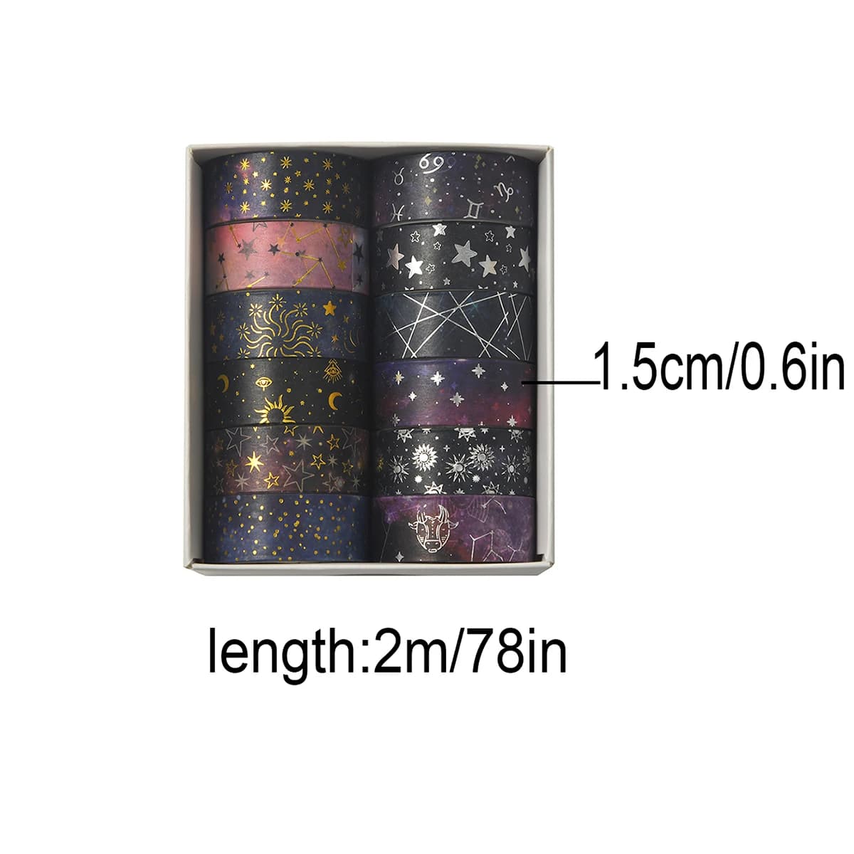 Ensemble de 12 rouleaux de ruban washi rétro ciel étoilé, 2 m de long / 1,5 cm de large, fournitures de papeterie et décoration de cadeaux, un cadeau pour les amis