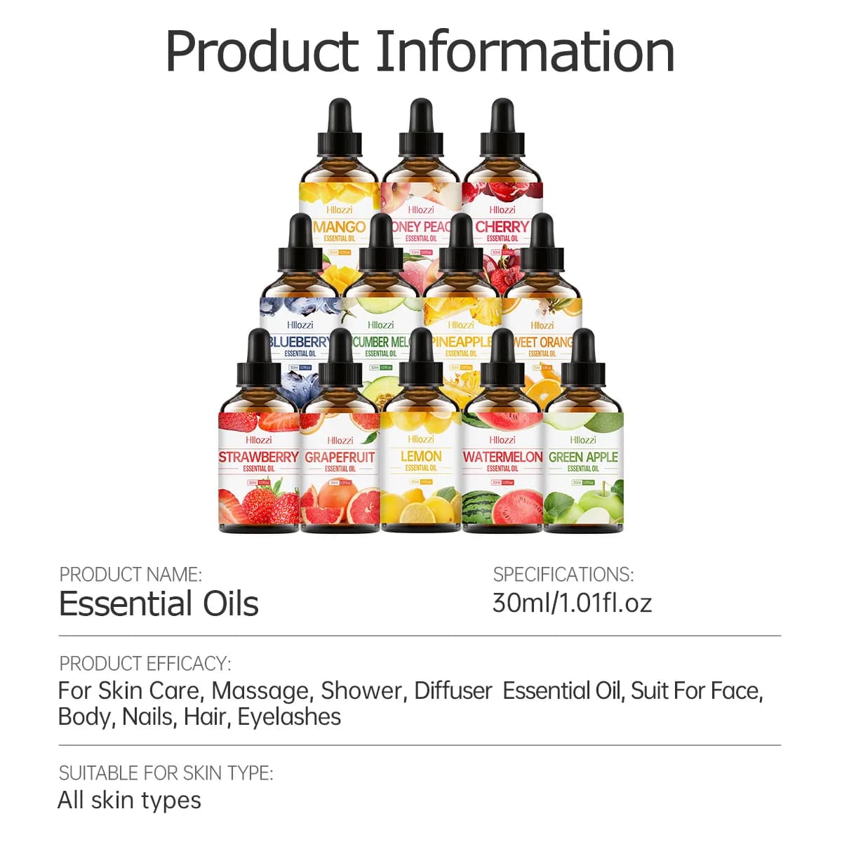 Une combinaison d'huiles essentielles de fruits colorés, profitez de des moments rafraîchissants, du massage, des soins de la peau, convient à tous les types de peau.