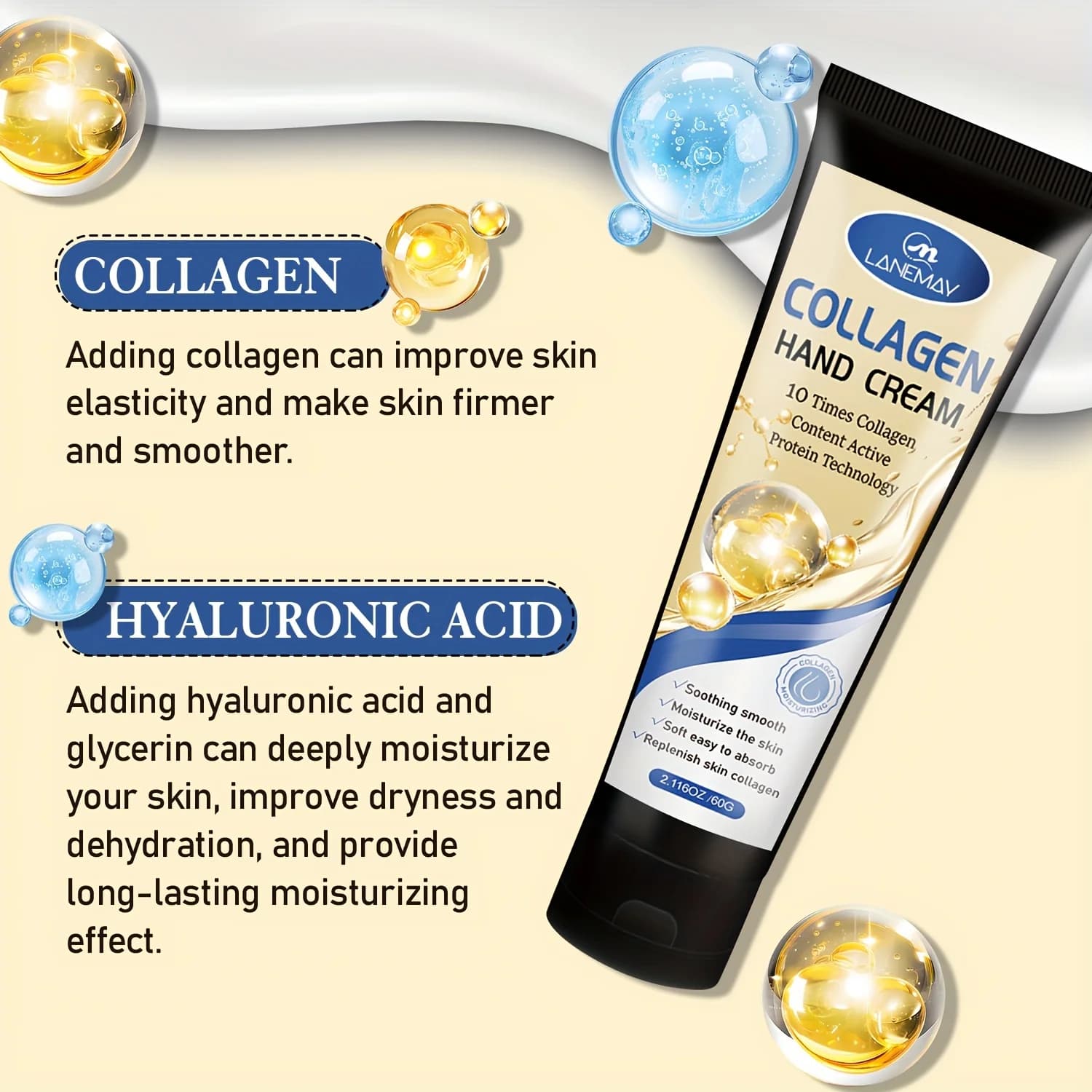 Crème pour les mains au collagène et à l'acide hyaluronique – Hydratation intense