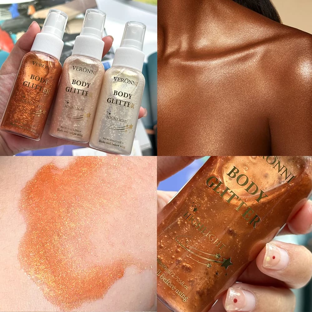Liquide corps mettant en évidence l'huile scintillante maquillage 4 couleurs paillettes Spray huile Lotion lueur