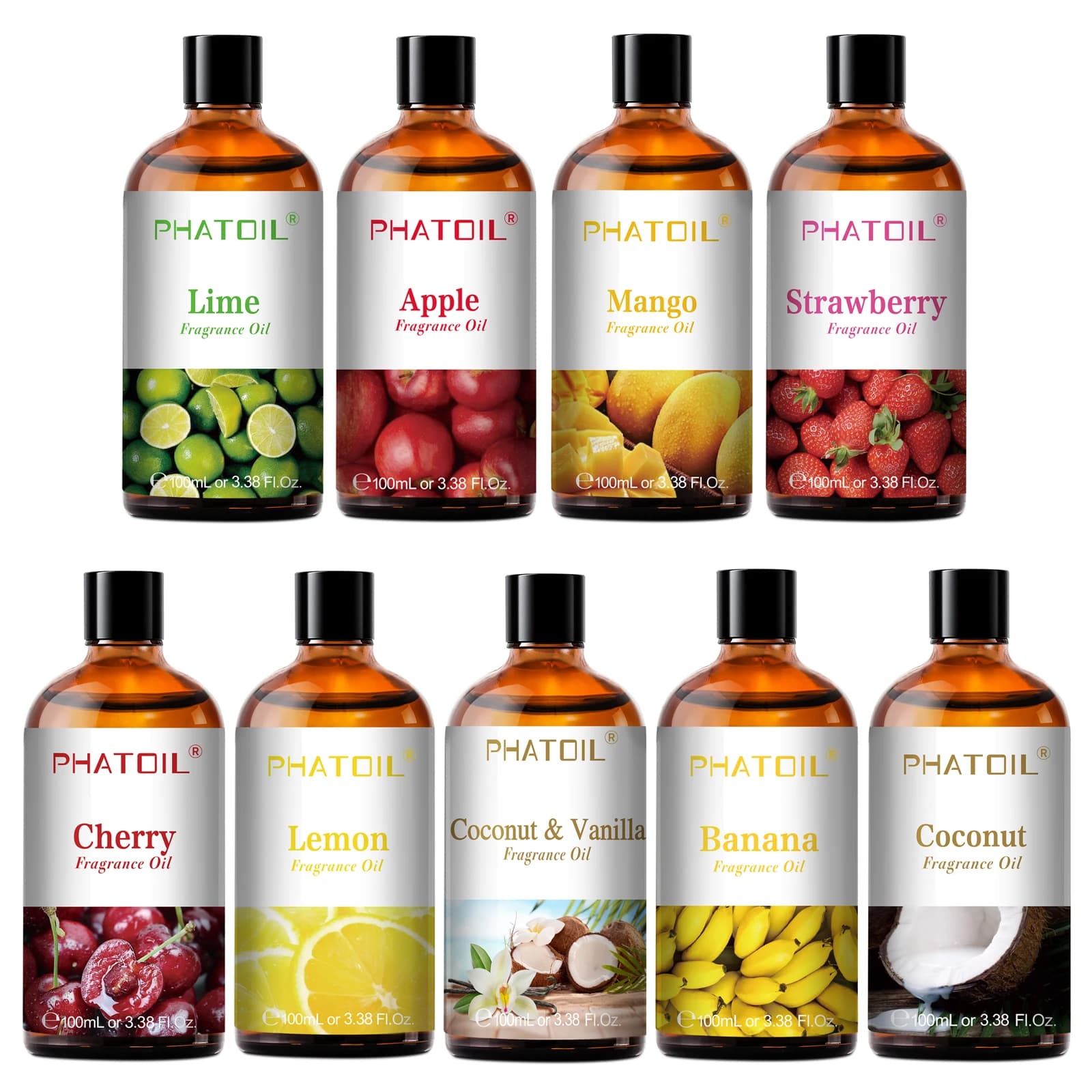 PHATOIL 100ml huile parfumée aux fruits avec compte-gouttes-noix de coco et vanille mangue pastèque fraise huiles d'aromathérapie pour diffuseur