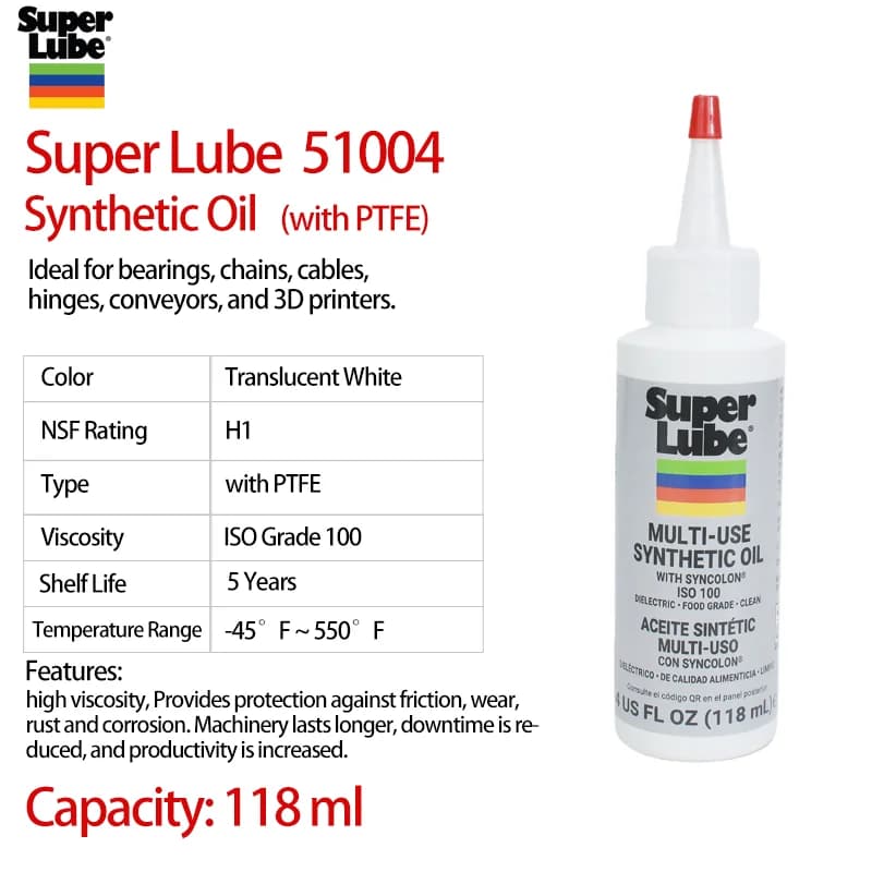 Super Lube 51004 Huile Synthétique ISO 100 NSF H1 Lubrifiant de Qualité Alimentaire pour Interrupteurs de Clavier, Engrenages, Roulements, Plastique – Sûr 20ml 50ml