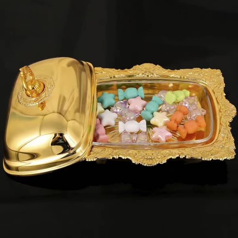 Plateau à fromage au beurre de fruits européens, avec couvercle, forme de Texture d'écorce en métal, assiette à gâteau dorée exquise, assiette à collation, décoration de mariage