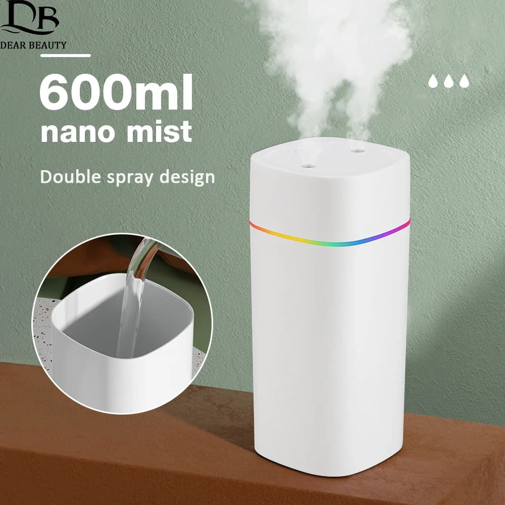 Humidificateur d'air à double port de pulvérisation, diffuseur d'huiles essentielles, aromathérapie, atomiseur muet, lumières colorées, maison, bureau, voiture, 600ml