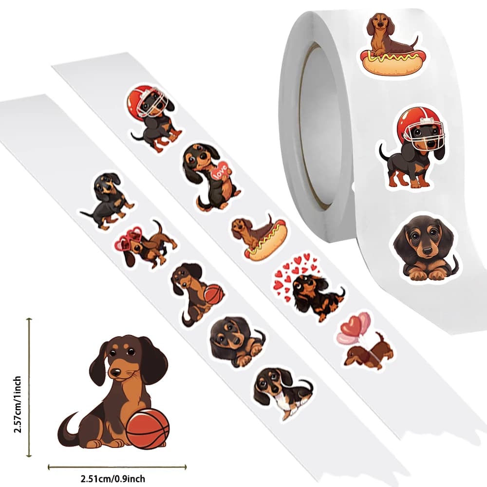 Rouleau autocollant dessin animé chien saucisse mignon, 500 pièces, autocollant de sceau d'enveloppe pour compte à main, autocollant décoratif imperméable en PVC