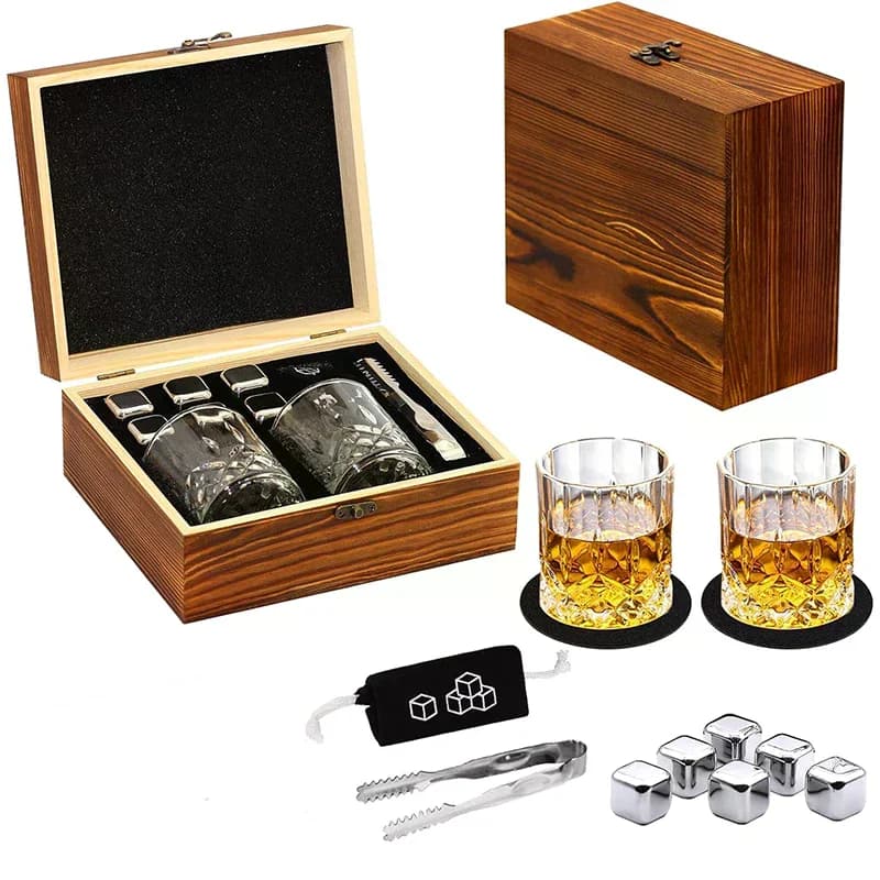 Pierres à whisky, coffret cadeau verres à whisky, pierres à whisky pour refroidir dans une boîte en bois artisanale – Rafraîchissement sans dilution