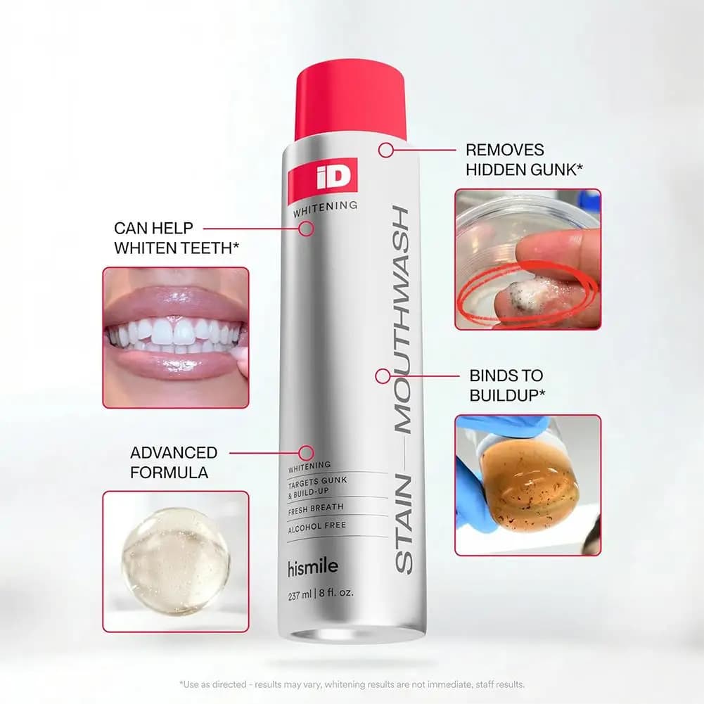 Hismile ID Bain de bouche blanchissant, haleine fraîche douce, élimine les taches de plaque, sans danger pour l'émail, sans sensibilité, soin buccal à domicile