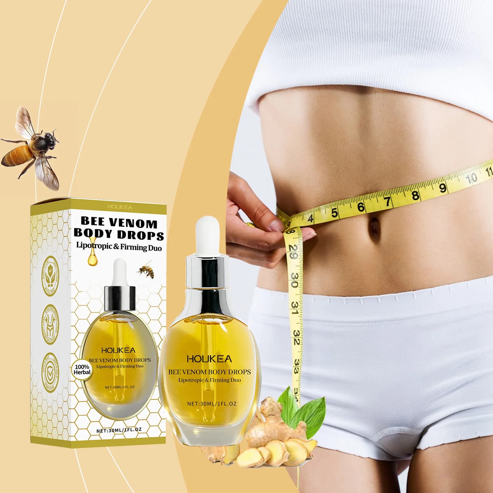 Houkea Sérum pour le corps au venin d'abeille Soin doux Hydrate, raffermit et hydrate Lifting de la peau Sérum de soin de massage corporel léger