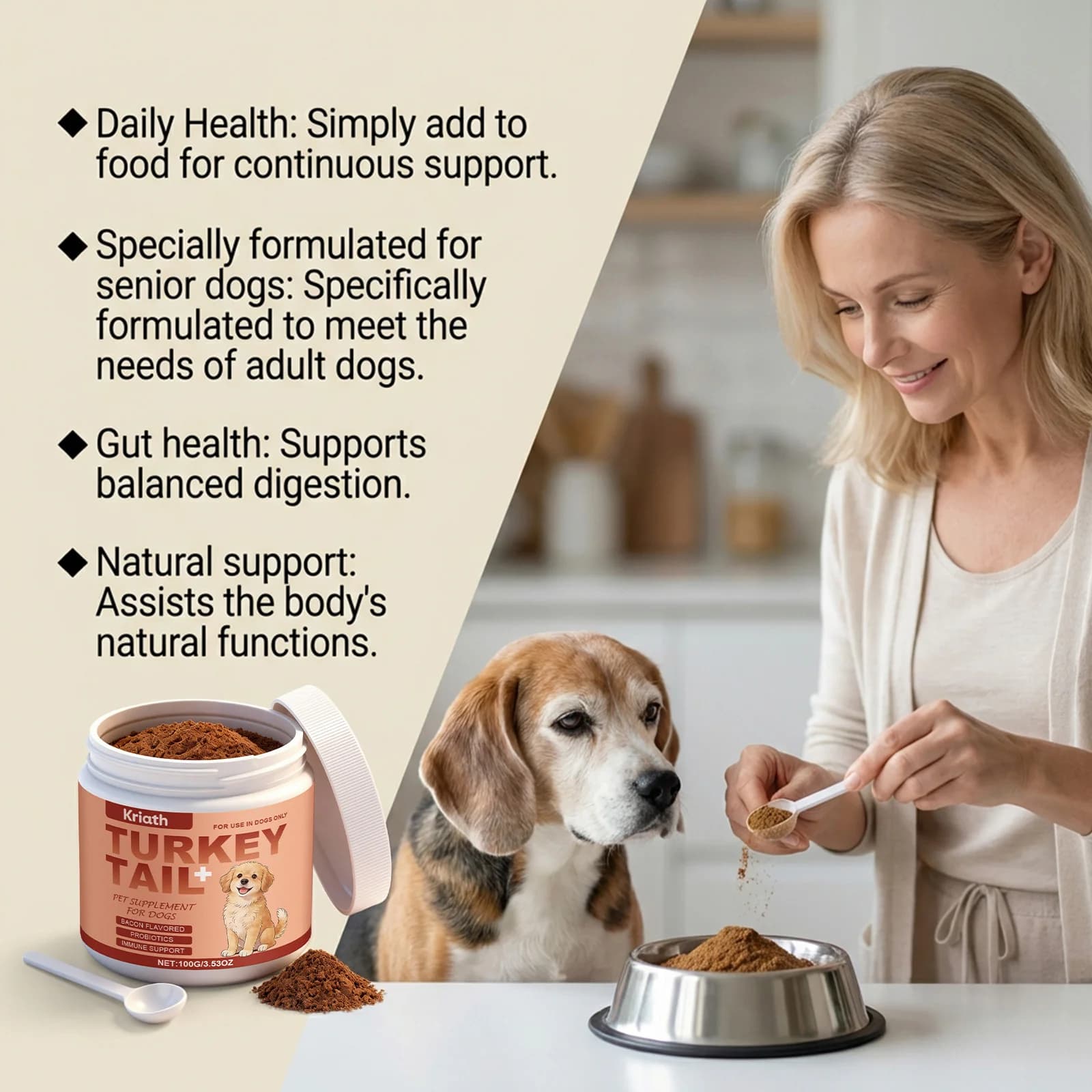 Poudre de complément nutritionnel pour chiens : Améliore la vitalité de l'animal, équilibre la flore intestinale, favorise la santé de la peau et du pelage, renforce les défenses corporelles 100g