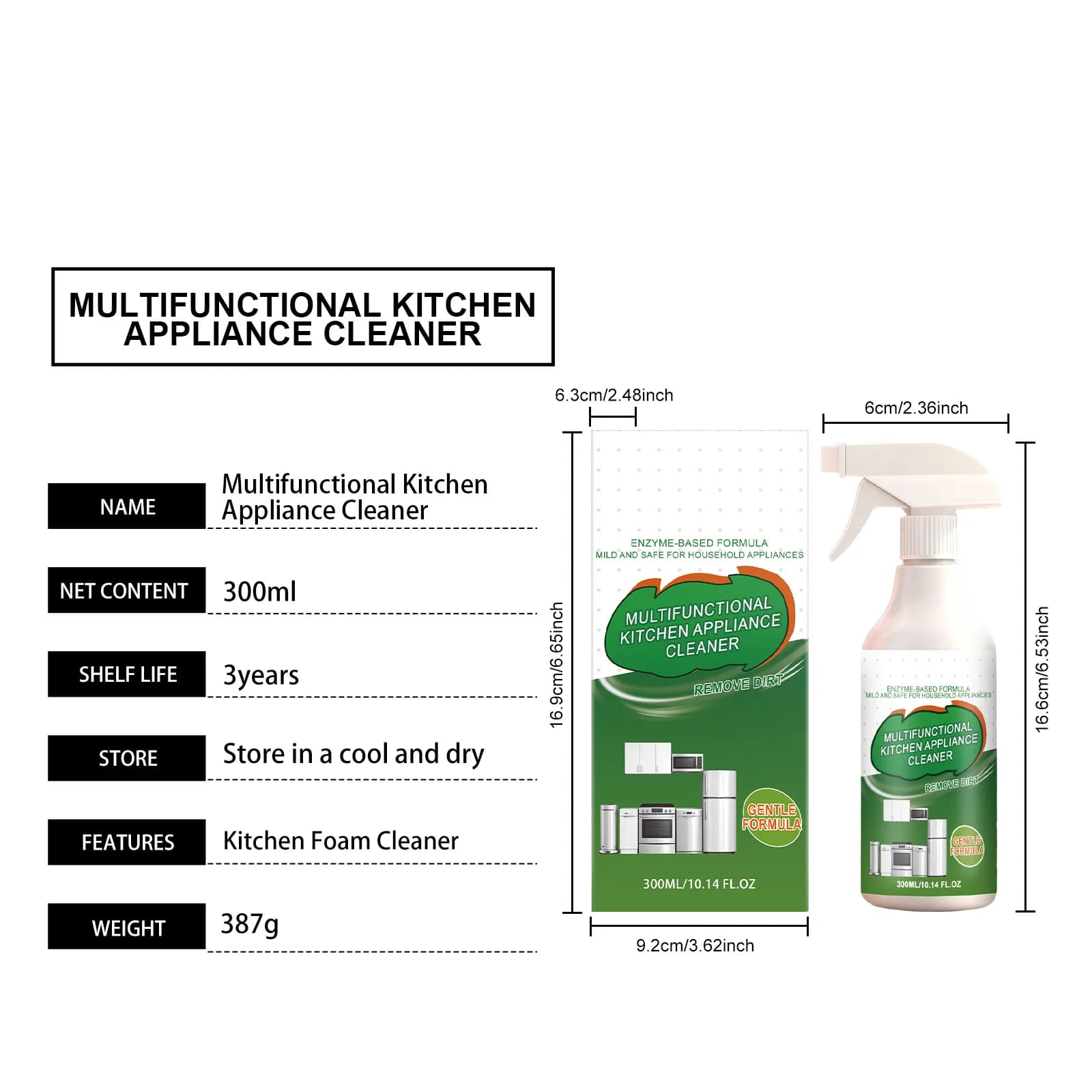 Nettoyant Dégraissant pour Appareils de Cuisine, Dissolvant de Taches d'Huile, Spray Anti-Odeur, Nettoyant Multifonctionnel pour Graisses Tenaces 300ml