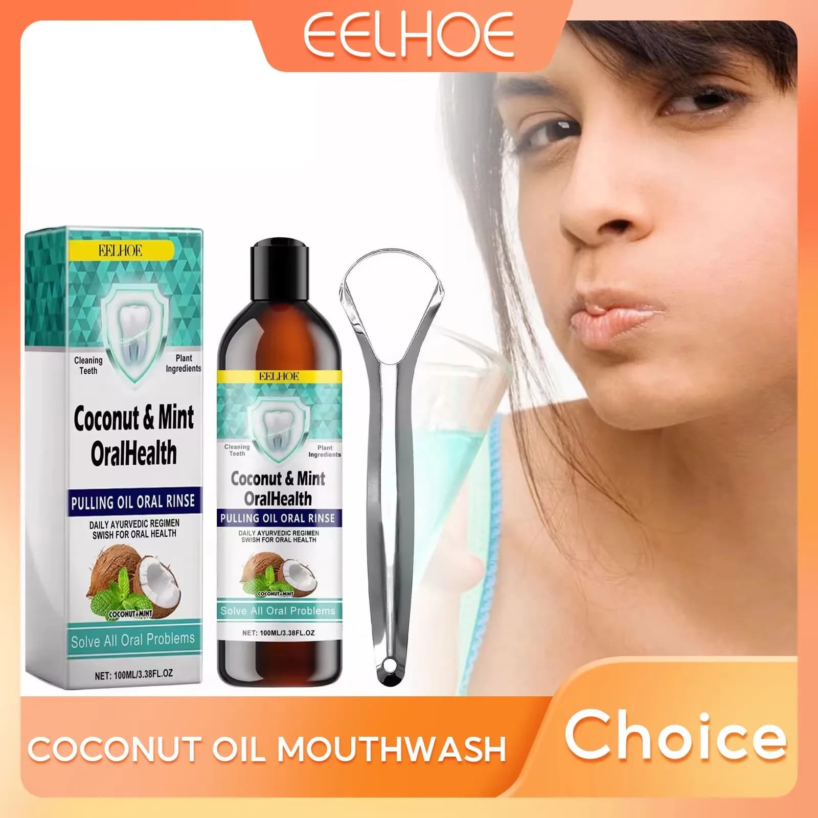EELHOE – huile de noix de coco et menthe, rince-bouche, nettoyage des dents, dents blanches, sans alcool, haleine fraîche, produits de soins buccaux, grattoir à langue