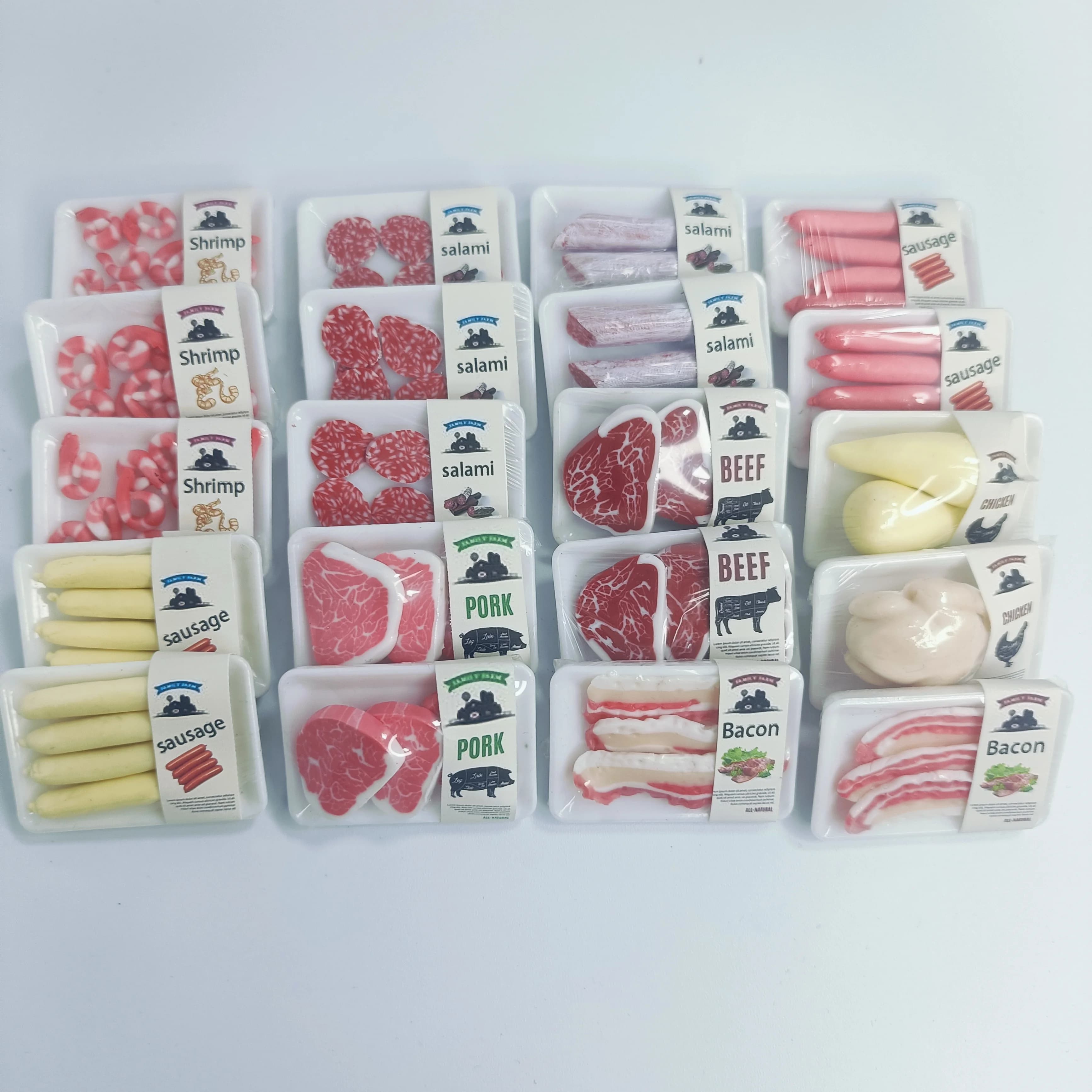 Nouveau 1 boîte 1/12 maison de poupée Miniature supermarché simulation alimentaire steak de bœuf saumon Bacon poulet