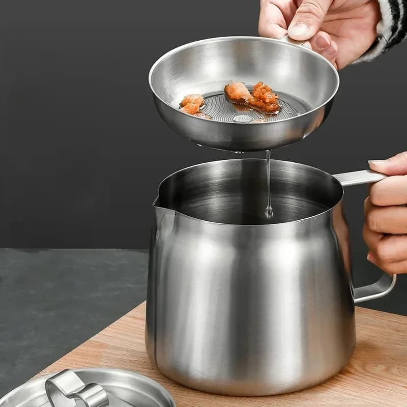 Pot de stockage d'huile et de graisse en acier inoxydable 2/1,5 L avec panier de friture et passoire à mailles fines pour la cuisine