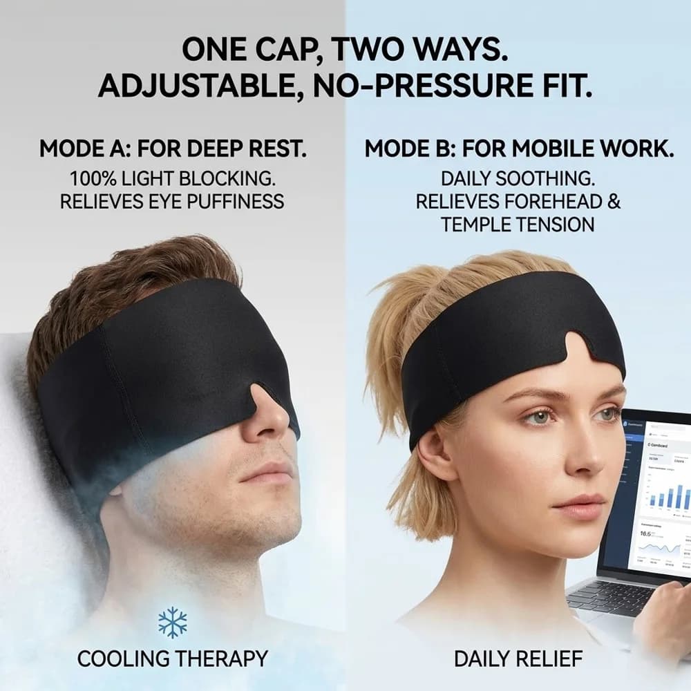 Casque de compression froide en gel pour soulager les migraines et les maux de tête, masque thérapeutique extensible pour les yeux gonflés, le stress et l'aide au sommeil