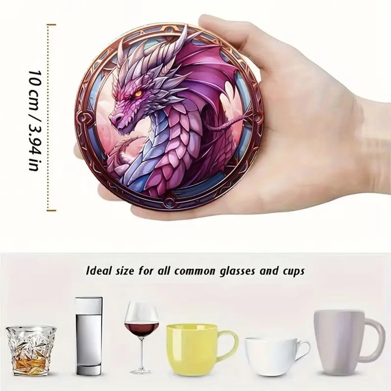 Ensemble de 8 dessous-de-verre en bois sur le thème du dragon, dessous-de-verre en bois composite rond et durable pour la protection du bureau
