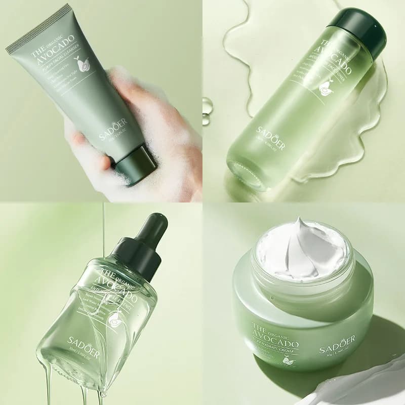 L'ensemble de 6 pièces de soin de la peau d'avocat comprend une crème nourrissante et hydratante pour les yeux, une crème pour le visage et des produits de soin anti-rides.