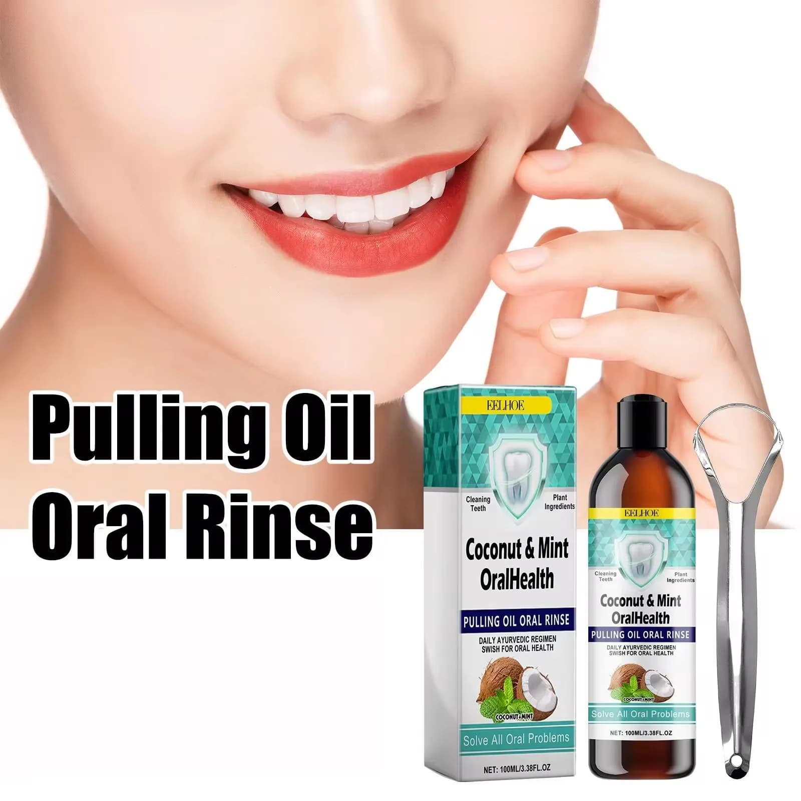 EELHOE – huile de noix de coco et menthe, rince-bouche, nettoyage des dents, dents blanches, sans alcool, haleine fraîche, produits de soins buccaux, grattoir à langue