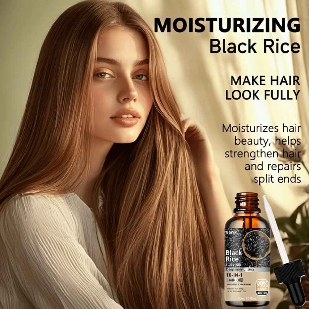 Huile capillaire 10-en-1 au riz noir, huile nourrissante pour cheveux, réparation en profondeur des pointes fourchues, huile essentielle sans rinçage. 60/120ml