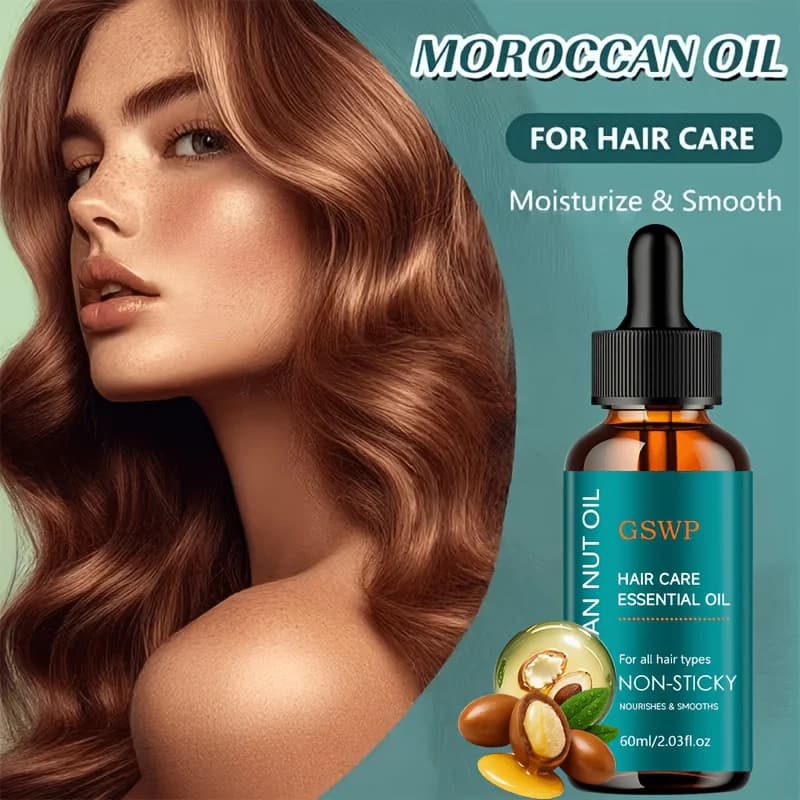Huile capillaire à l'huile d'argan GSWP, contrôle les frisottis, non grasse, renforce les cheveux, répare les pointes fourchues. Pour tous types de cheveux. 60/120 ml