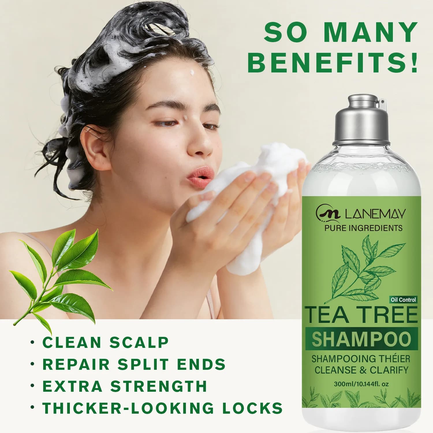 Shampoo à l'arbre à thé – 300 ml. Formulé avec de l'huile essentielle d'arbre à thé, du romarin et de l'huile d'argan pour nettoyer et clarifier les cheveux et le cuir chevelu.