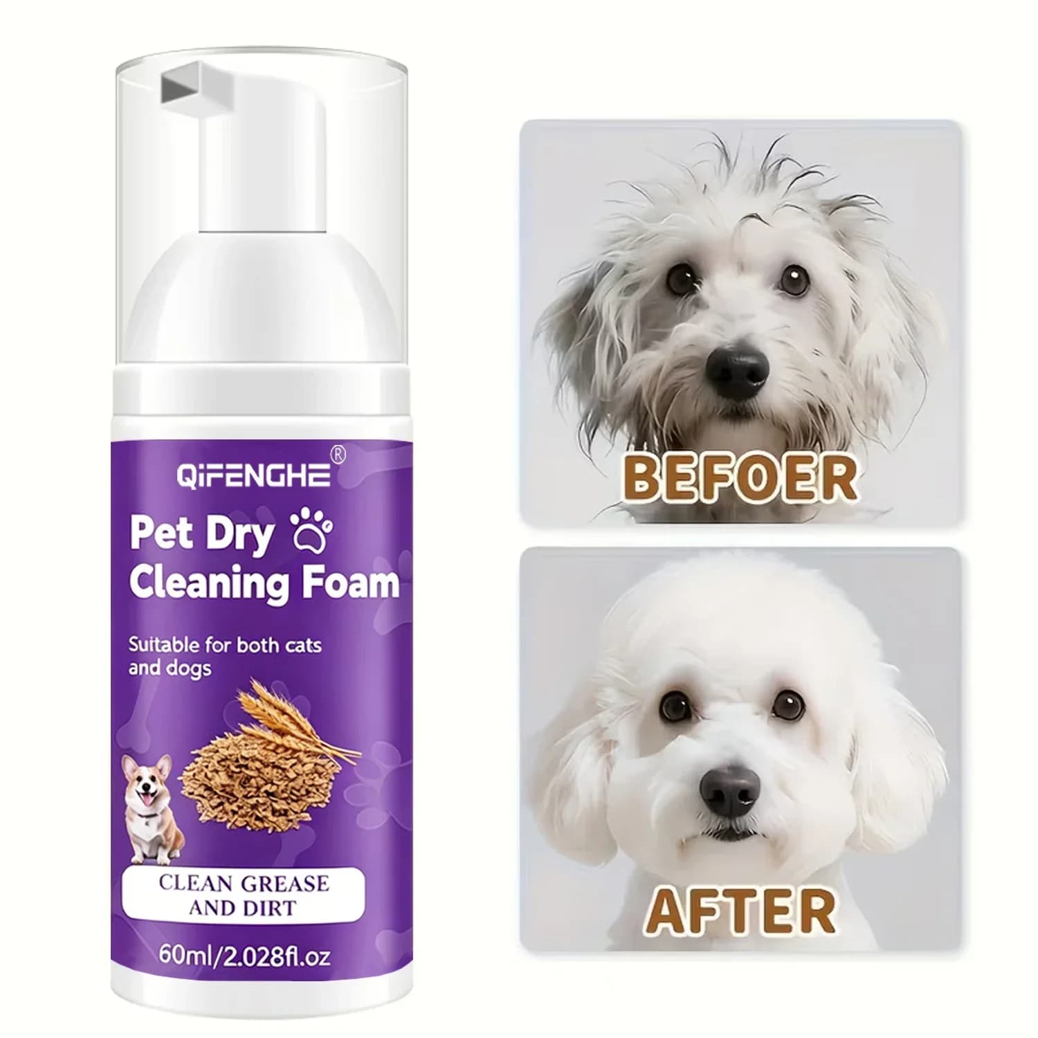 Shampooing sec pour chiens et chats - Mousse sans eau, sans rinçage, désodorisant et nettoyant pour chiots et chatons