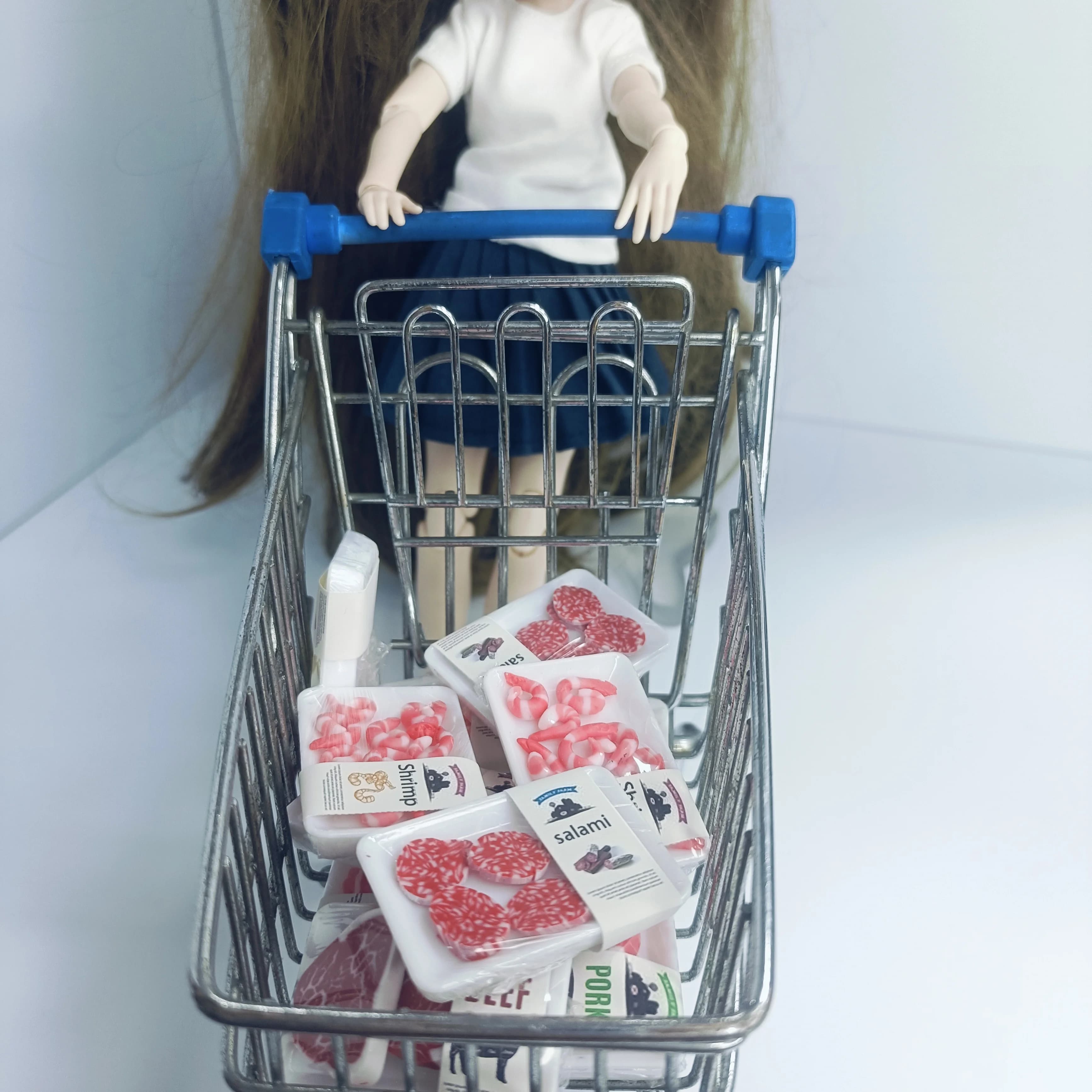 Nouveau 1 boîte 1/12 maison de poupée Miniature supermarché simulation alimentaire steak de bœuf saumon Bacon poulet