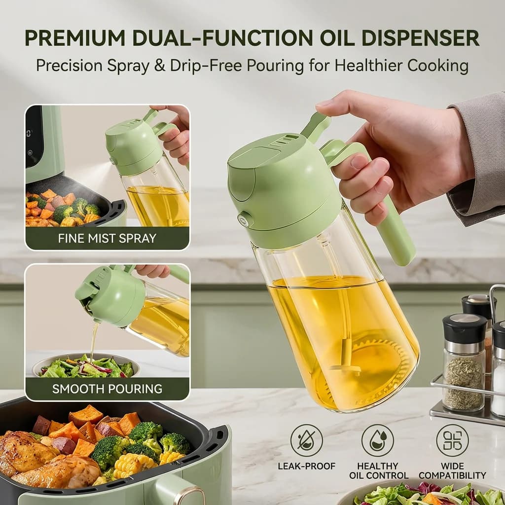 Bouteille distributrice d'huile d'olive 16oz pour la cuisine, distributeur d'huile d'olive et pulvérisateur d'huile 2 en 1, bouteille pulvérisatrice d'huile d'olive de 470ml pour la cuisine